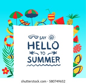 Summer background with beach objects. Vector illustration with fruits, ice cream, flip flop, and lifebuoy. Banner with Hello summer lettering. Seasonal backdrop
