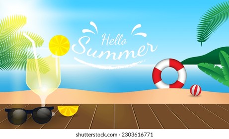 summer background with beach sand, beach balls, beach tires, glasses and leaves