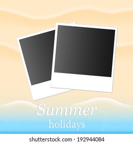 Summer background with beach sand and sea and photos