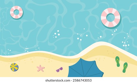 Summer background. Beach scene background illustration with sandal, sunglasses, umbrella, ring buoy, volley ball, star fish.