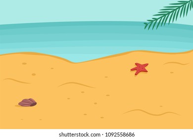 Summer background with beach, sea, palm leaf, starfish and seashell in the sand. Vector cartoon landscape illustration.