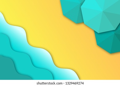 Summer background with a beach, sea waves and parasols in paper cut style.