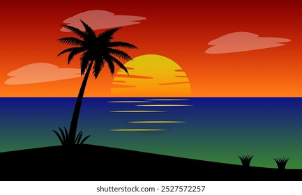 summer background with beach and silhouette of coconut trees in the afternoon