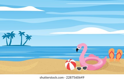 Summer background with beach and silhouette of little island with palm trees. Flamingo lifebuoy, beach ball, sunglasses. Vector illustration.