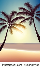 Summer background with beach and silhouettes of palm trees, evening coast, sand, sky and sun.