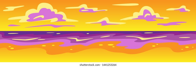 Summer background. Beach at sunset. Seascape vector illustration. Travel banner