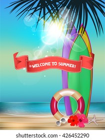 Summer background with beach, surfboards, silhouettes of palm tree and flowers