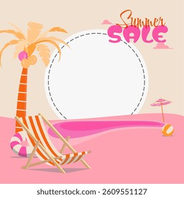 Summer background, beach, tropical, sale, vacation. Striped deck chair, palm tree, beach ball, umbrella on pink sand. Fun, vibrant vibe for seasonal promotions. Perfect for summer sale ads or banners.