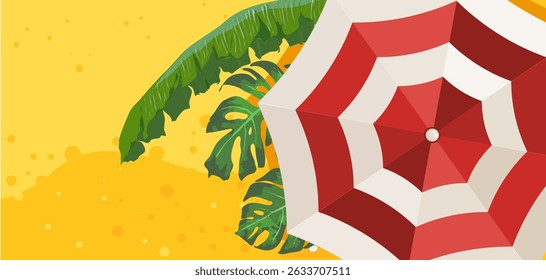 Summer background with beach umbrella and tropical leaves – vector illustration