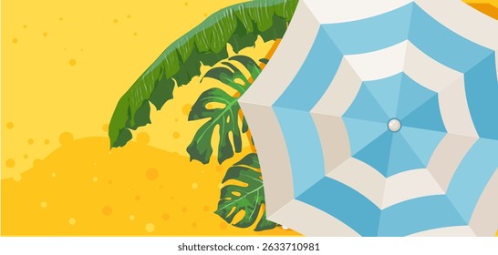 Summer background with beach umbrella and tropical leaves – vector illustration