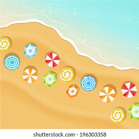 summer background - a beach with umbrellas, sand and the sea. 