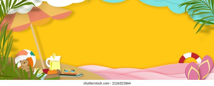 Summer background with beach vacation holiday theme with pink wave layer and copy space,Vector flat lay paper cut of tropical summer design, palm leaves and cloud on blue sky background