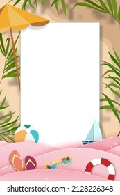 Summer background with beach vacation holiday theme in pink wave layer and copy space,Vector flat lay paper cut of tropical summer design, palm leaf and cloud on sandy beach background