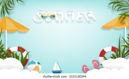 Summer background with beach vacation holiday theme with white wave layer and copy space,Vector Top view paper cut of tropical summer design, palm leaves and cloud on blue sky background