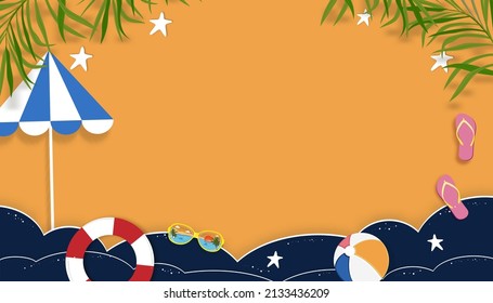 Summer background with beach vacation holiday theme with pink wave layer and copy space,Vector Top view paper cut of tropical summer design, palm leaves and cloud on orange sky background