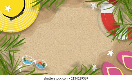 Summer background with beach vacation holiday theme with copy space on sand beach, Vector horizon banner flat lay paper cut tropical Summer design with coconut palm leaves border on the beach