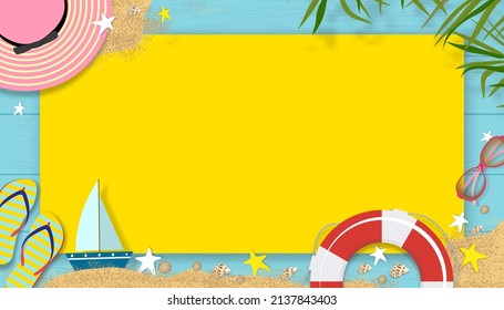 Summer Background Of Beach Vacation Holiday Theme With Copy Space On Blue Wooden Panel, Vector Horizon Banner Flat Lay Tropical Summer Design With Coconut Palm Leaves Border On Wood Plank Texture