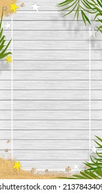 Summer background with beach vacation holiday theme with copy space on white wooden panel,Vector vertical banner flat lay tropical Summer design with coconut palm leaves , sand on wood plank textured