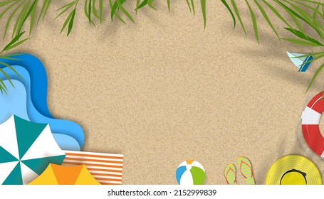 Summer Background With Beach Vacation Holiday Theme With Copy Space On Sand Beach, Vector Horizon Banner Flat Lay Paper Cut Tropical Summer Design With Coconut Palm Leaves Border On The Beach