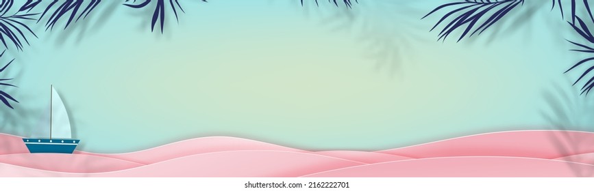 Fondo de verano vacaciones vacaciones vacaciones vacaciones vacaciones temática palma azul marco y capa de ola rosa sobre azul marino, ilustración vectorial papel de banner vertical corte elemento de diseño de verano tropical para venta o promoción