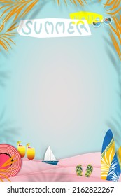 Fondo veraniego vacaciones vacaciones vacaciones vacaciones temática en la capa de ola rosa sobre el azul marino, ilustración vectorial papel vertical banner elementos de diseño de verano tropical, hoja de palma, sandalias, Huella en la playa de arena 