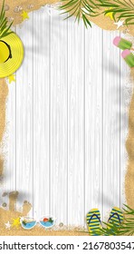 Summer background with beach vacation holiday theme with copy space on white wooden panel,Vector vertical banner flat lay tropical Summer design with coconut palm leaves , sand on wood plank textured