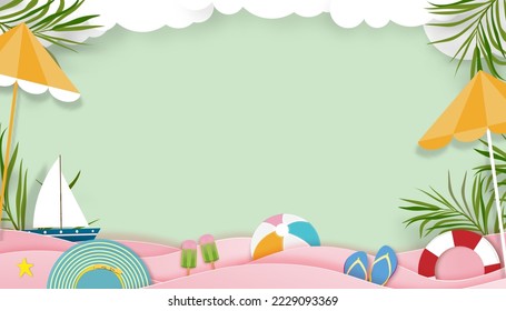 Summer background with beach vacation holiday theme with pink wave layer and copy space,Vector Top view Sea Beach Paper cut of tropical Summer design,palm leaves and cloud on Green mint Sky background - Shutterstock ID 2229093369