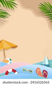 Summer background with beach vacation holiday theme in blue wave layer and copy space,Vector flat lay paper cut of tropical summer design, palm leaf and cloud on sandy beach background