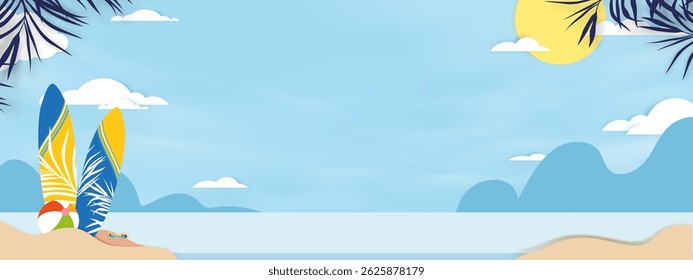 Summer background beach vacation holiday theme blue palm leaf frame  and pink wave layer on sea blue, Vector illustration vertical banner paper cut tropical summer design element for Sale or Promotion