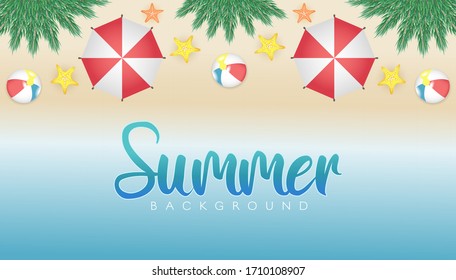 summer background with beach view from above. Seen beach views with umbrellas, balls, plants and starfish