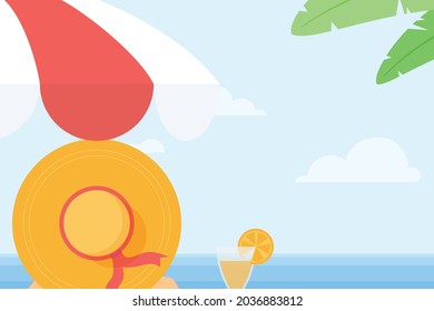 Summer background with beach view from behind woman with orange juice