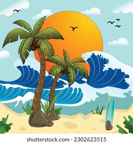 Fondo de verano con vistas a la playa, Diseño de árbol de palmeras en ilustrador, vector, imagen y fácil edición, imprimible.