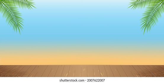 Fondo de verano. Vistas a la playa con hojas tropicales y tablas de madera