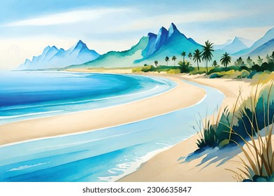 Summer background with beach view in watercolor style