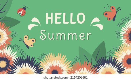 Summer background. Beautiful greeting card with colorful flowers, ladybug, foliage, butterfly and greeting text. Nature concept. Vector template for banner, card, poster