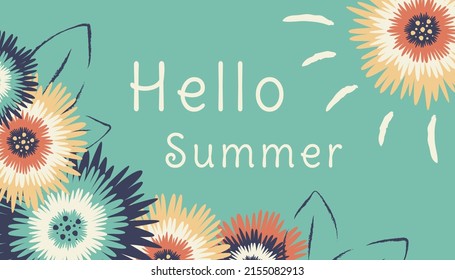 Summer background. Beautiful greeting card with colorful flowers, sky, foliage, sun and greeting text. Nature concept. Vector template for banner, card, poster	