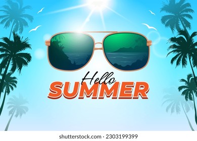 summer background with beautiful sky, coconut trees and  sunglasses