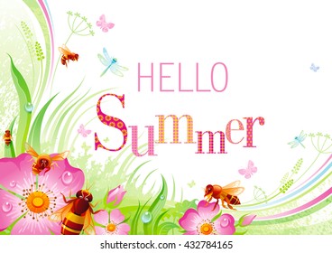 Sommerlicher Hintergrund mit schönen Wirbeln, Blättern, blauen Libellen und Bienen