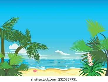 summer background with beautiful tropical landscape with palm tree and flowers, beach and shining sea for screensaver, banner or poster. Vector illustration.