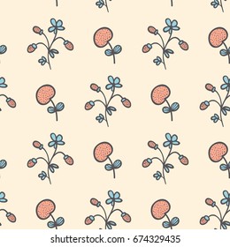 Summer background with berries,  flower,branch. Seamless pattern with hand drawn floral doodling.