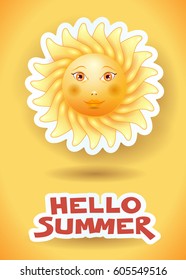 Summer background with big sun and text, vector illustration