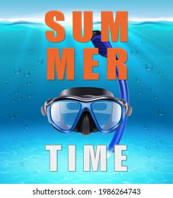Summer background with big typography letters, 3d realistic vector ocean, under water background with sunlight and rays and mask for diving.