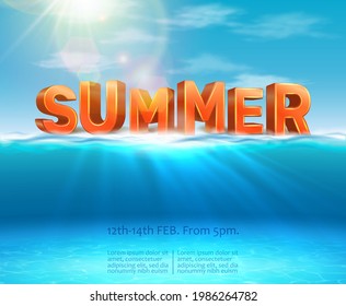 Summer background with big typography letters, 3d realistic vector ocean, under water background with sunlight and rays.