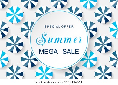 Summer background with blue beach umbrellas. Summer mega sale. Vector illustration.