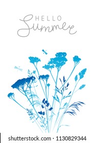 Summer background with blue herbal silhouettes