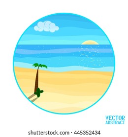 Summer Background. Blue Ocean and Sand Beach. Poster in a Flat Style. Vector Illustration
