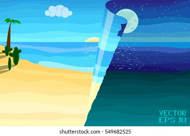 Summer Background. Blue Ocean And Sand Beach. The Change Of Night And Day. Poster In A Flat Style. Vector. 3D Illustration