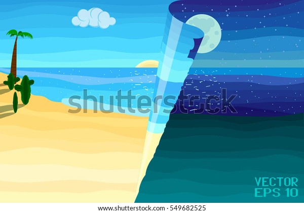 夏の背景 青い海と砂浜 夜と昼の変化フラットスタイルのポスター ベクター画像 3dイラスト のベクター画像素材 ロイヤリティフリー