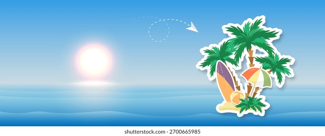 Um fundo de verão com um mar azul ou oceano e uma ilha abstrata com palmeiras. Fundo de verão com mar e palmeiras para o seu design. Vetor EPS 10