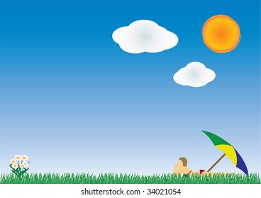Summer background with blue sky, a hot sun, flowers and a woman taking a sunbath in the nice weather. Copy-space on the left side.